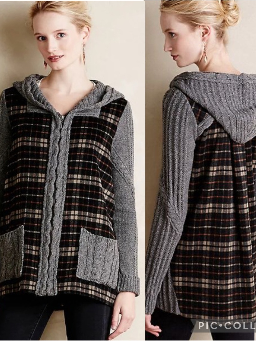 Moth for Anthropologie Derry Plaid Hooded Zip Up Cardigan with Cable Knit Trim L